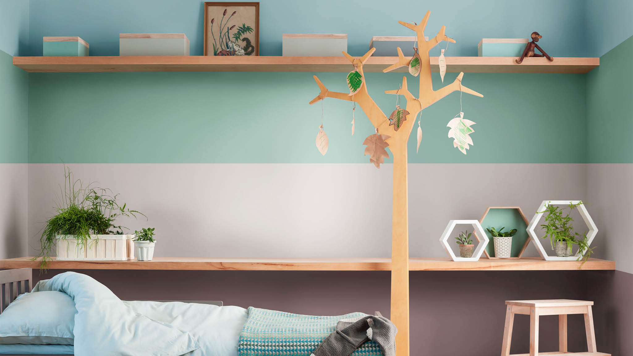 Child’s bedroom in natural tones and Heart Wood 以「Heart Wood」色彩配搭自然色調,髹畫兒童睡房